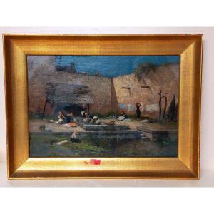 Women At The Washhouse Oil On Panel (oriental Breton..)