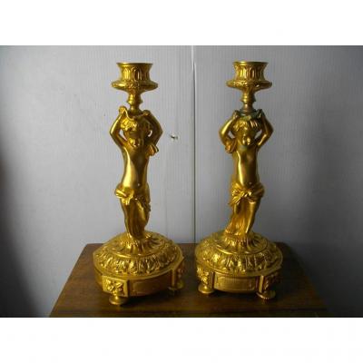 Pair Of Candlesticks 19th Gilt Bronze