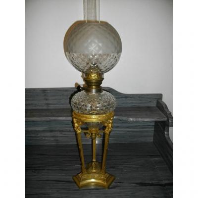 Large Lamp Petrole Crystal Cut And Bronze Nineteenth
