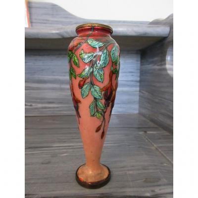 Jules Sarlandie Enamel Vase Limoges Fuchsia Decor