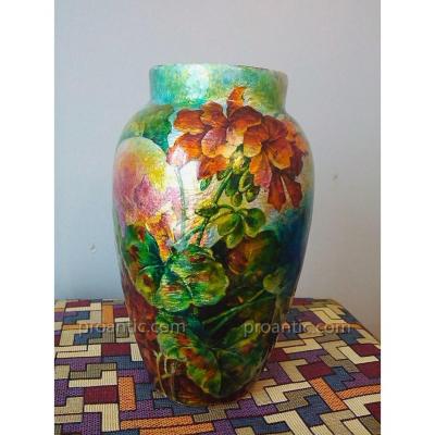 Large Vase Camille Fauré Floral Decor Enamel De Limoges