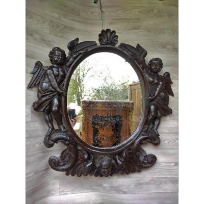 Large 18th Century Castle Mirror With Cherubs