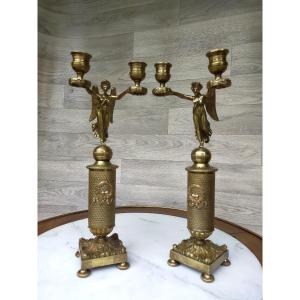 Pair Of Candelabra With Winged Victories In Gilt Bronze (candlesticks Candlesticks)