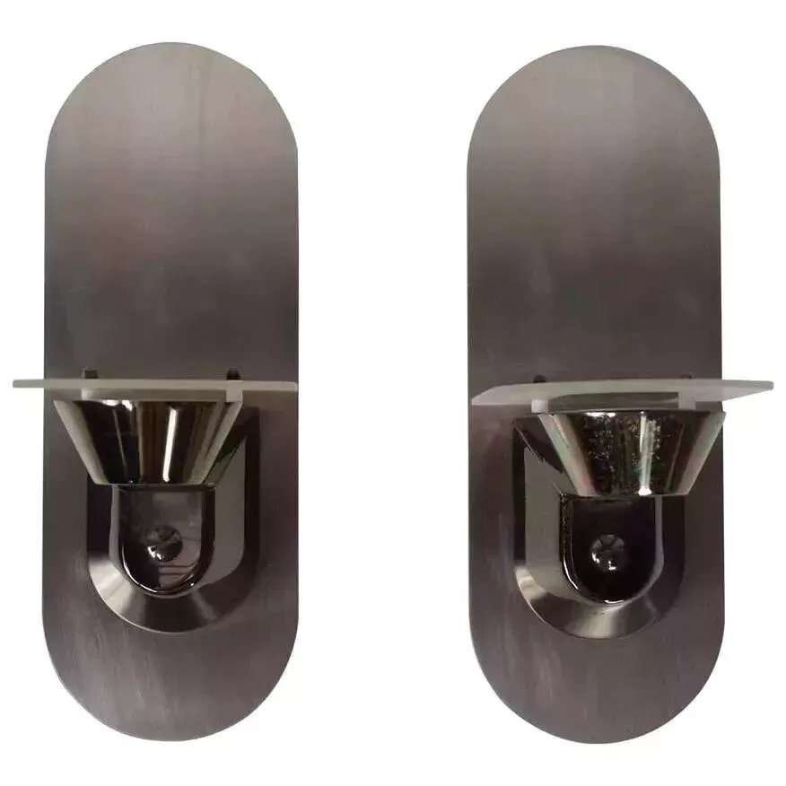 Pair Of Stainless Steel And Glass Sconces-photo-8