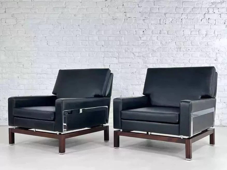 Pair Of 50s - 60s Armchairs In Faux Leather, Wood And Chrome-photo-2