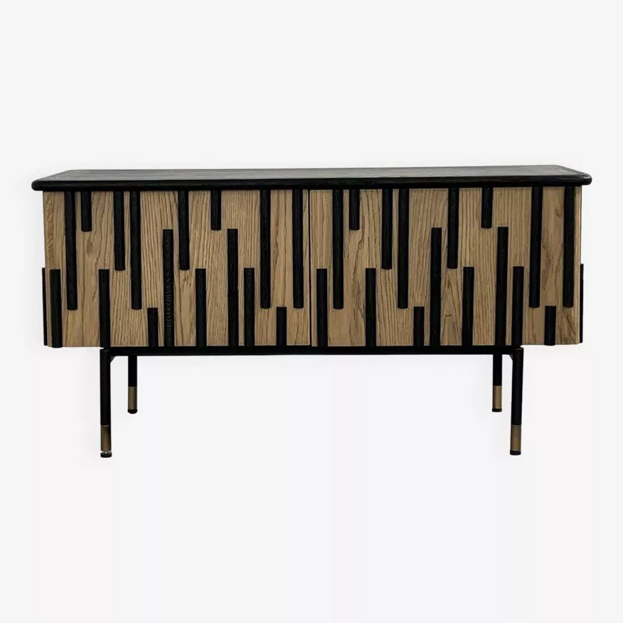 Tv Unit / Low Sideboard In Natural Wood And Blackened Wood-photo-1