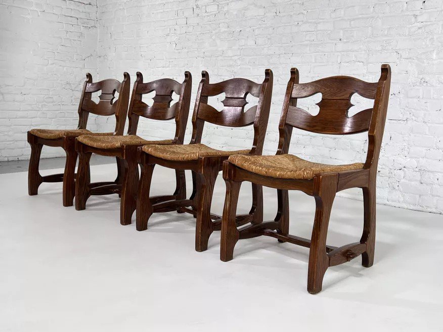 Set Of 4 1950s Farmhouse And Country Style Chairs In Oak And Woven Straw Seat-photo-6