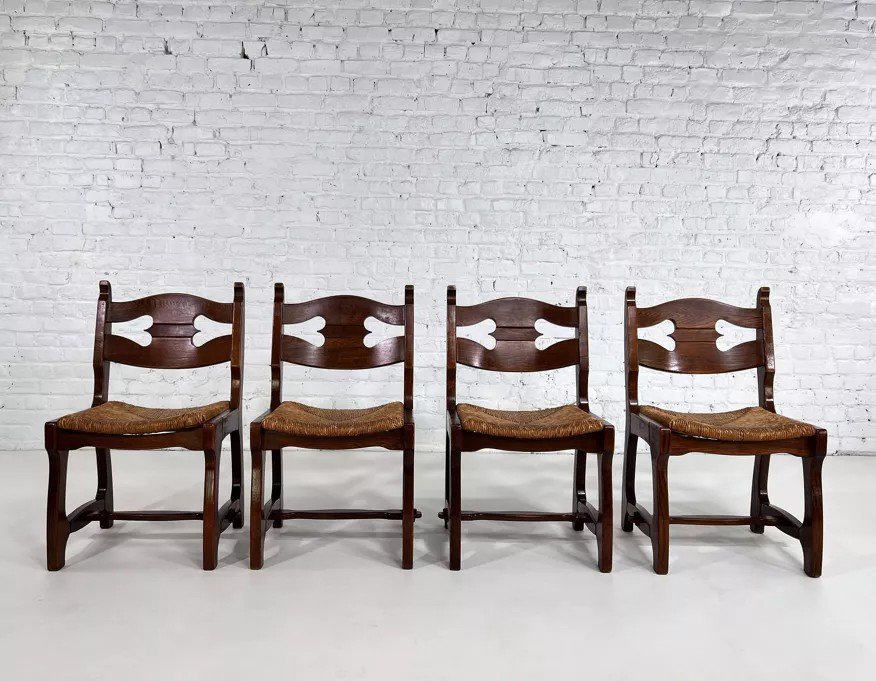 Set Of 4 1950s Farmhouse And Country Style Chairs In Oak And Woven Straw Seat-photo-8