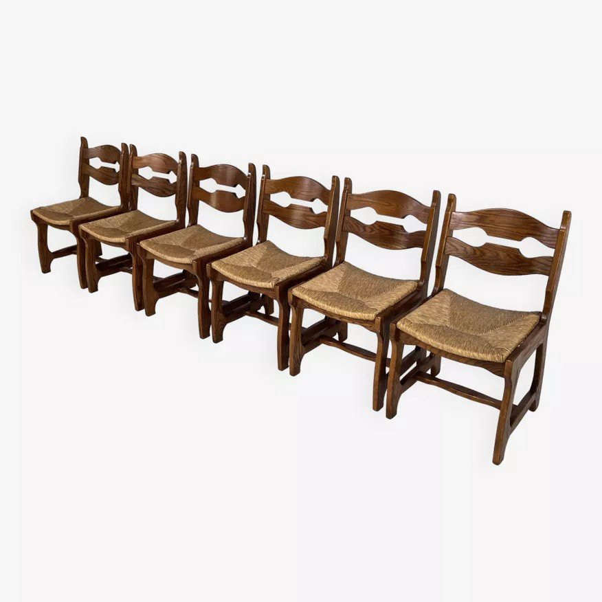Set Of 6 50s Chairs In Oak And Straw