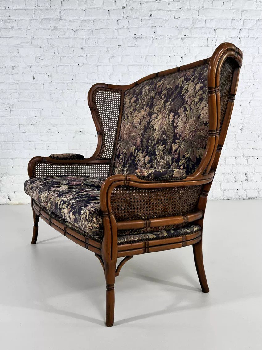 So-called Wingback 2-seater Sofa In Carved Wood, Canework And Fabric-photo-2