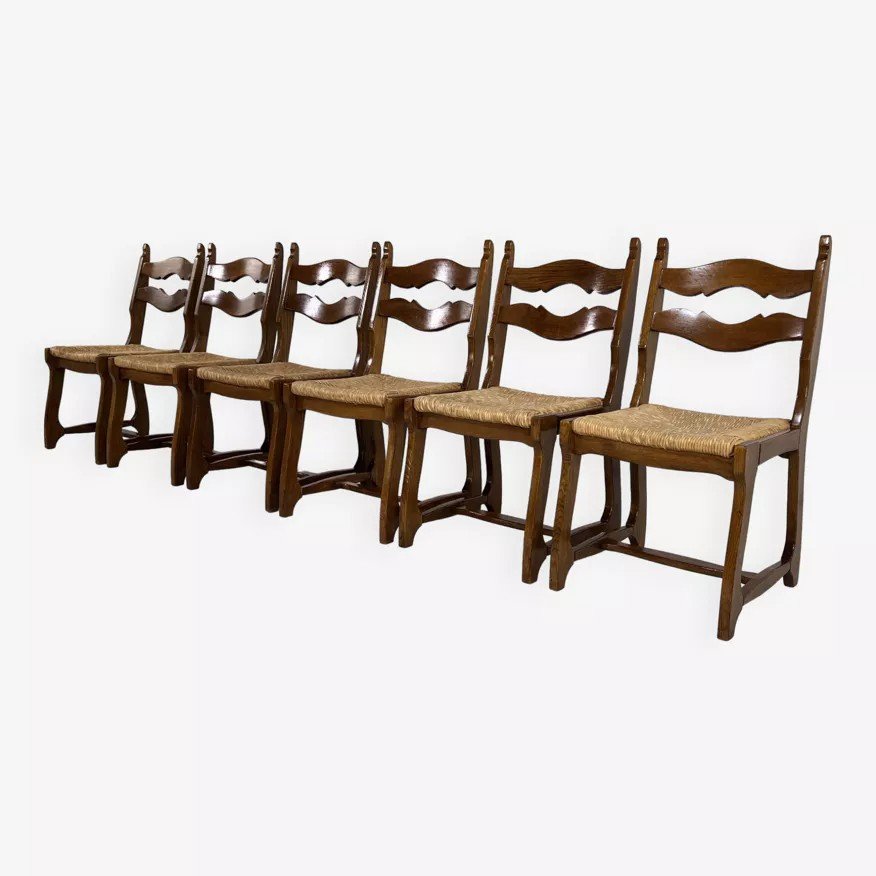 Set Of 6 Chairs From The 50s In Wood And Straw-photo-2