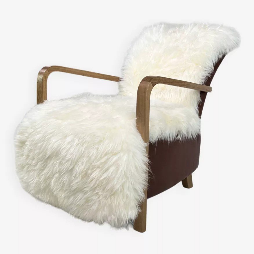 Scandinavian Style Armchair In Leather And Skin-photo-2