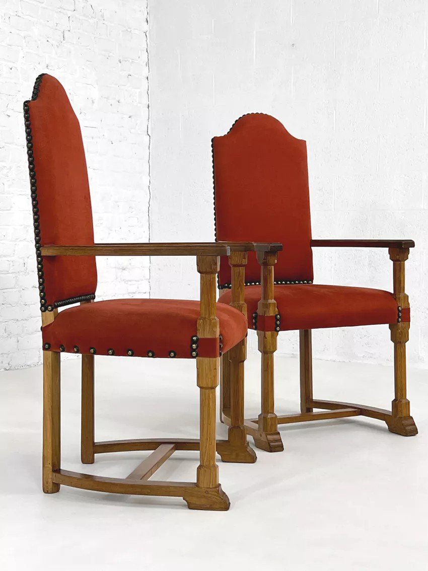 Set Of 6 Chairs And 2 High-back Armchairs In Oak And Fabric-photo-4