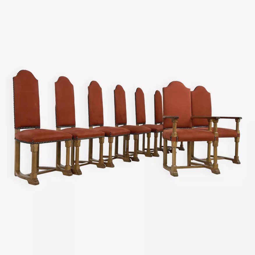 Set Of 6 Chairs And 2 High-back Armchairs In Oak And Fabric