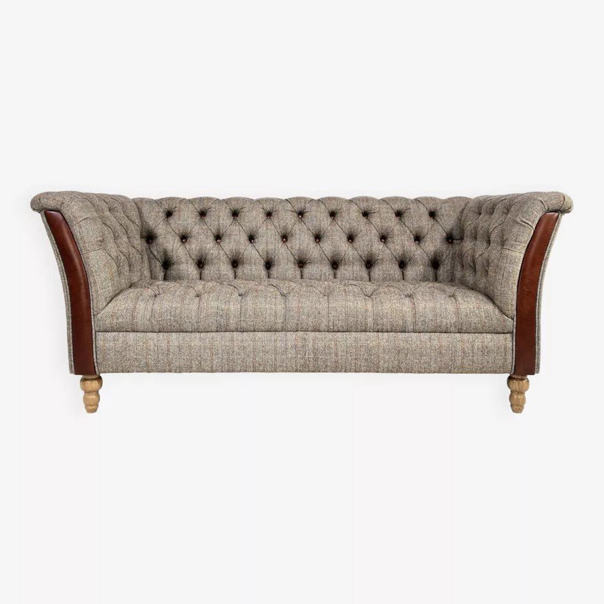 Chesterfield Sofa In Leather, Fabric And Wood