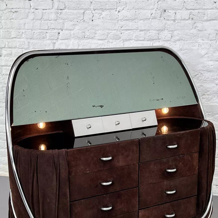 Commode Coiffeuse éclairée 8 Tiroirs Des Années 70 En Nubuck Et Chrome-photo-4