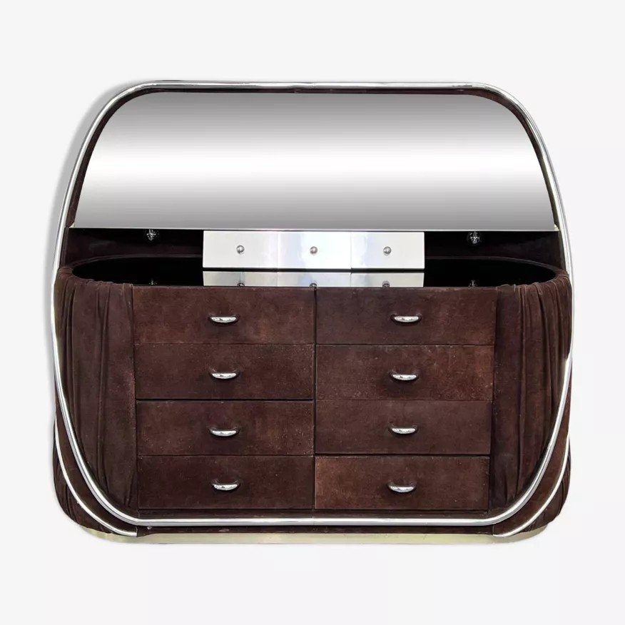 Commode Coiffeuse éclairée 8 Tiroirs Des Années 70 En Nubuck Et Chrome