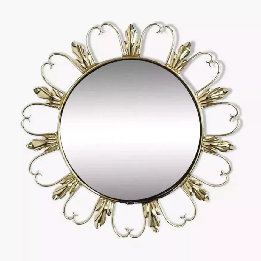 Round Mirror On Brass Frame With Scrolls-photo-6