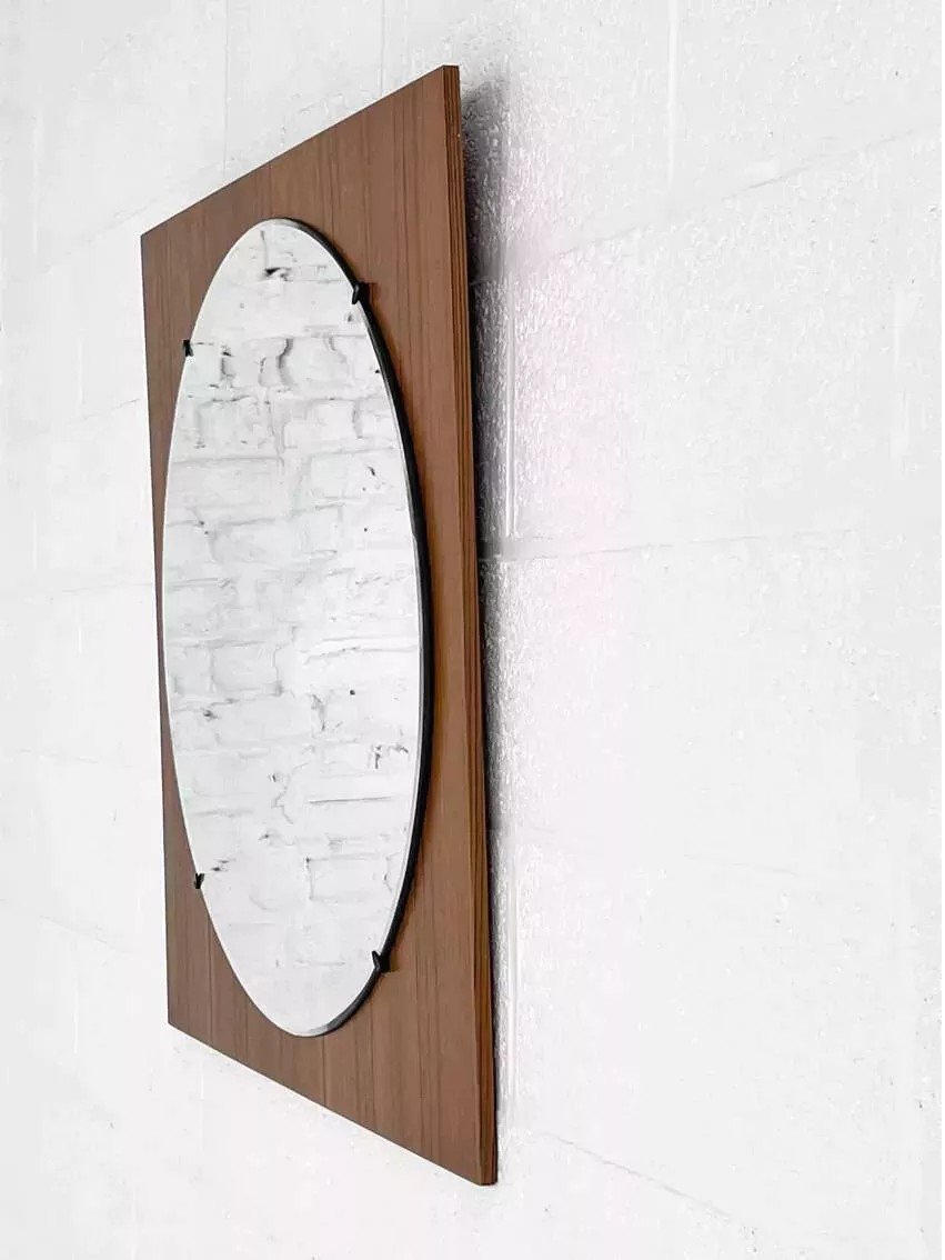 Miroir Rond Des Années 60 - 70 Sur Cadre Carré En Bois-photo-2