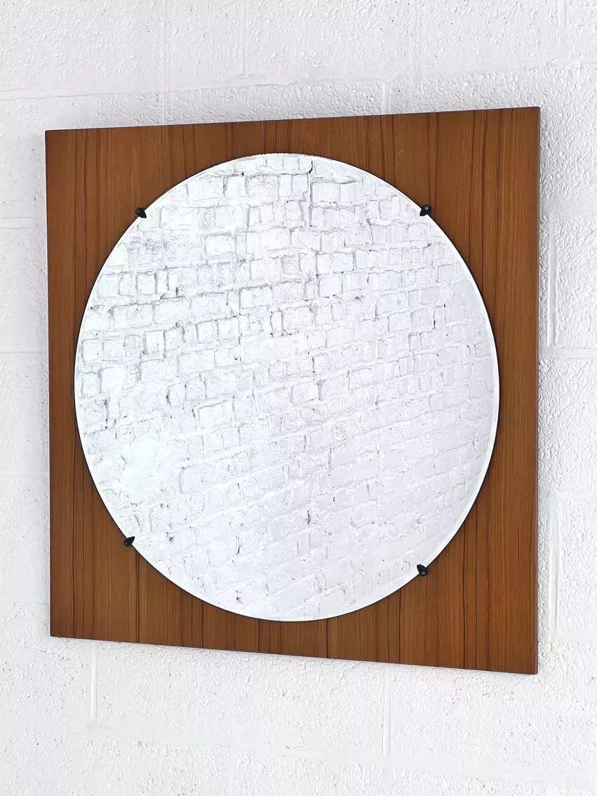 Miroir Rond Des Années 60 - 70 Sur Cadre Carré En Bois-photo-3