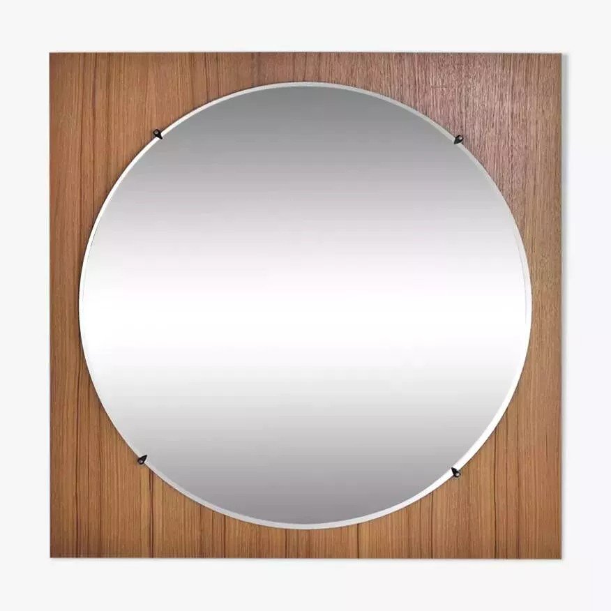 Miroir Rond Des Années 60 - 70 Sur Cadre Carré En Bois-photo-4