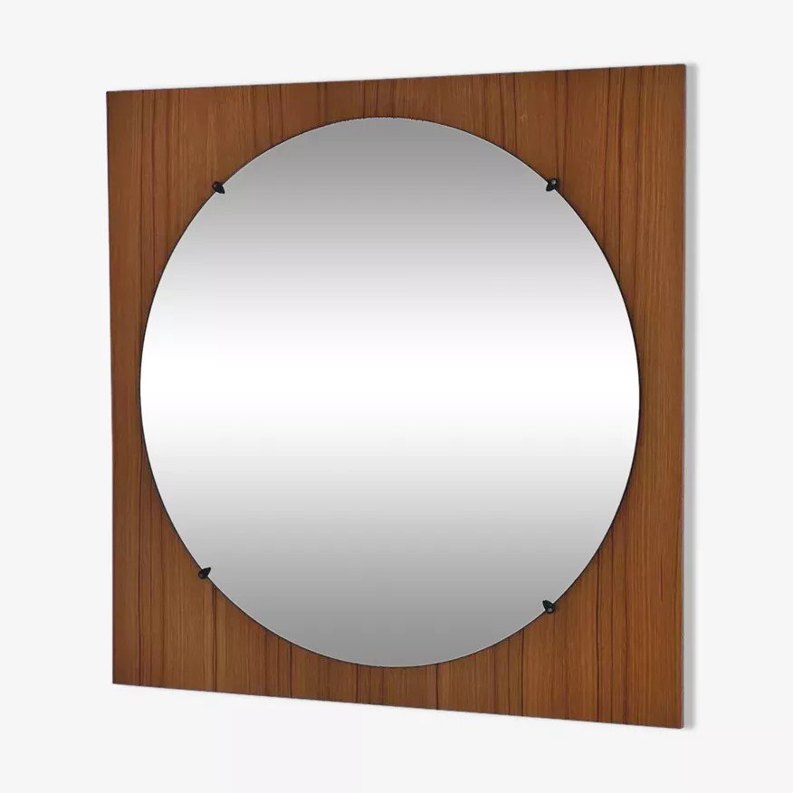 Miroir Rond Des Années 60 - 70 Sur Cadre Carré En Bois