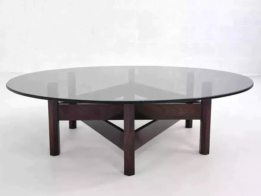 Table Basse En Bois Et Plateau Rond En Verre Fumé-photo-5