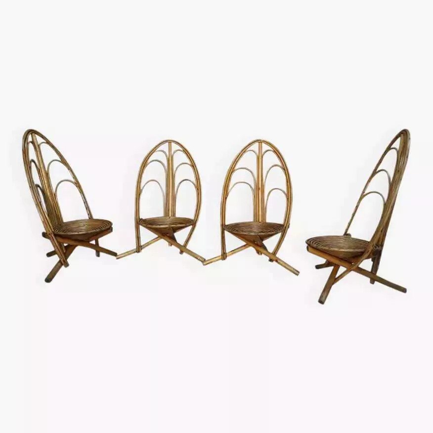 Set Of 4 Rattan And Wood Armchairs-photo-4