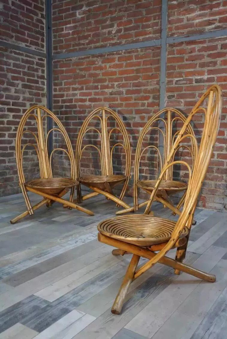 Set Of 4 Rattan And Wood Armchairs-photo-7