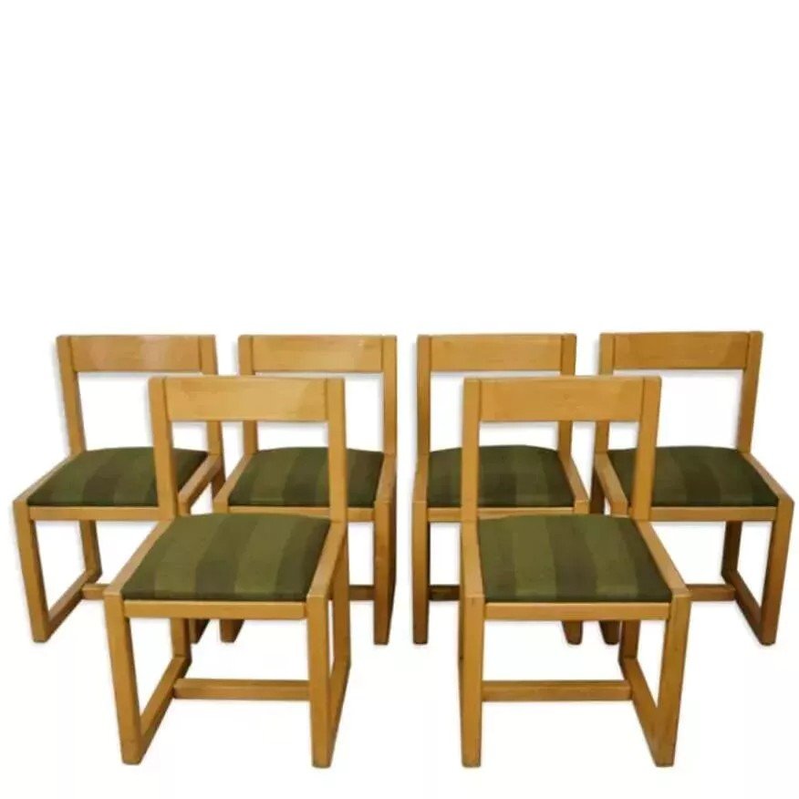 Suite Of 6 Modernist Wood And Fabric Chairs From The 60s-photo-1