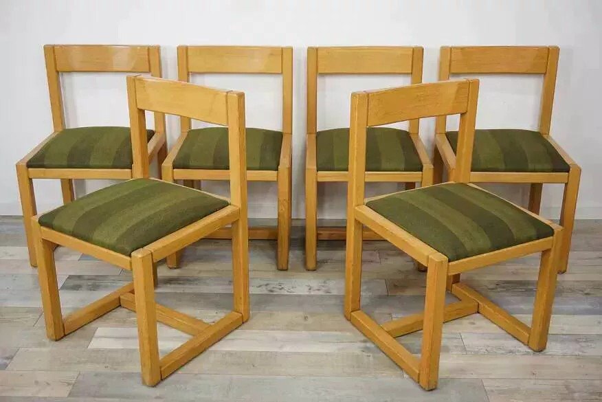 Suite Of 6 Modernist Wood And Fabric Chairs From The 60s-photo-4