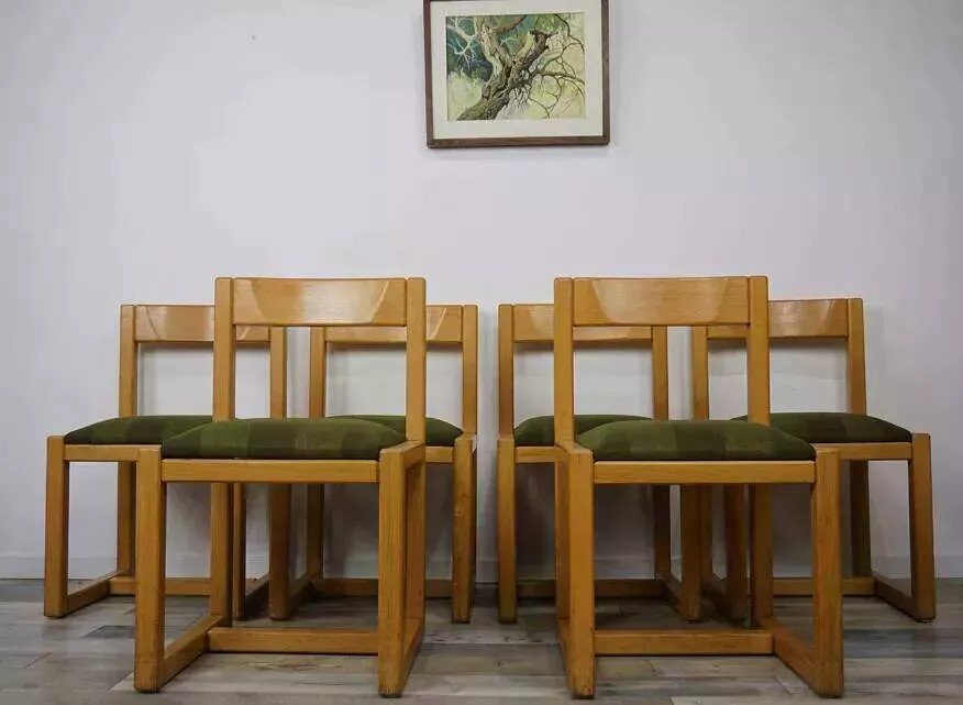 Suite Of 6 Modernist Wood And Fabric Chairs From The 60s-photo-6