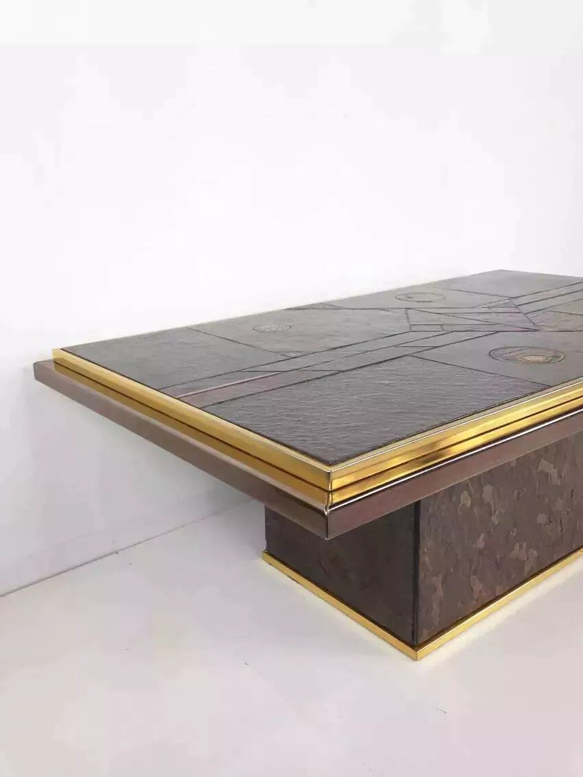 70s Brutalist Coffee Table In Brass, Bronze And Stone-photo-2