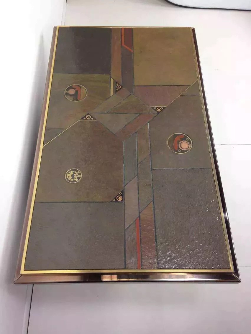 70s Brutalist Coffee Table In Brass, Bronze And Stone-photo-3