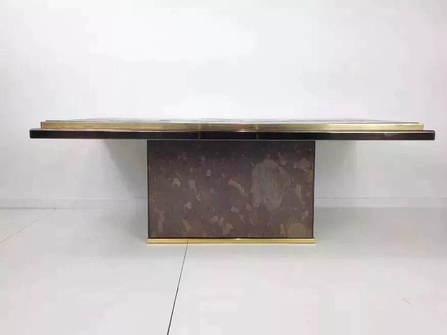 Table Basse Brutaliste Années 70 En Laiton, Bronze Et Pierre-photo-4