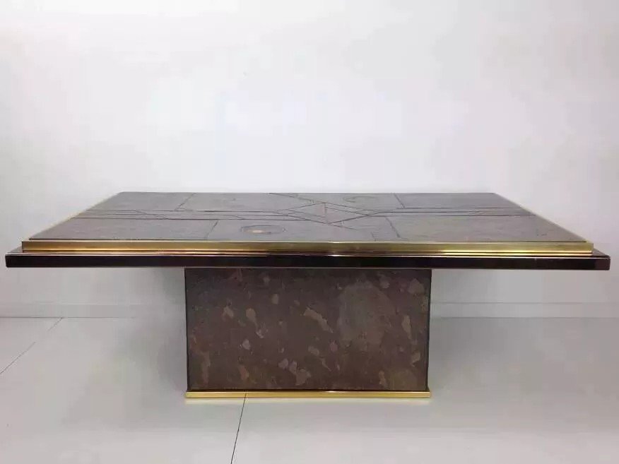 Table Basse Brutaliste Années 70 En Laiton, Bronze Et Pierre-photo-2