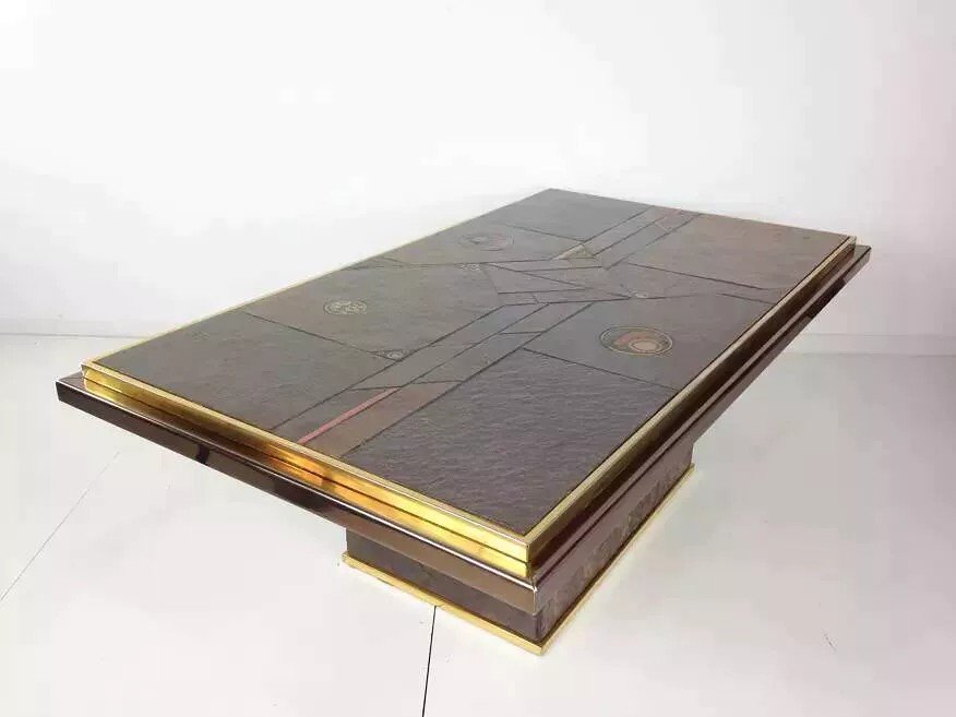 70s Brutalist Coffee Table In Brass, Bronze And Stone-photo-4