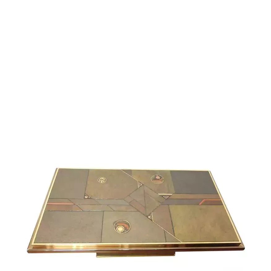 70s Brutalist Coffee Table In Brass, Bronze And Stone-photo-6