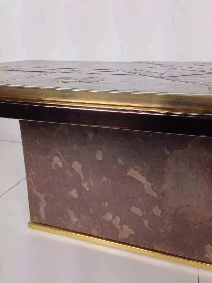 70s Brutalist Coffee Table In Brass, Bronze And Stone-photo-7