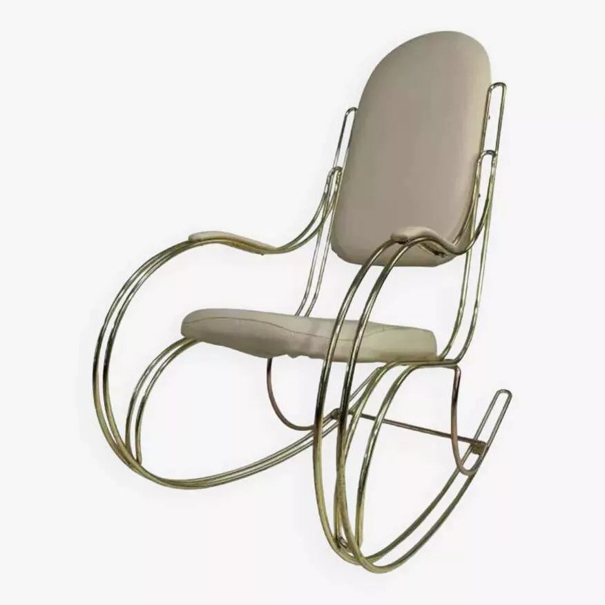 60s Rocking Chair In Brass And Ecru Faux Leather-photo-2