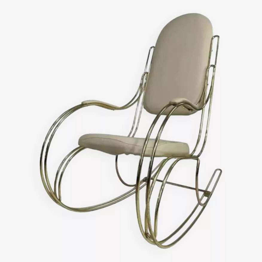 60s Rocking Chair In Brass And Ecru Faux Leather-photo-1