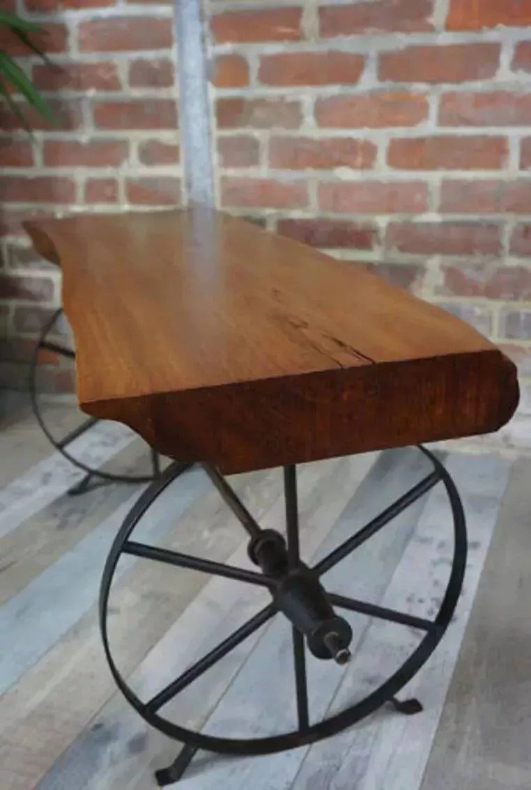 Table Basse Bois Roues Chariot-photo-3