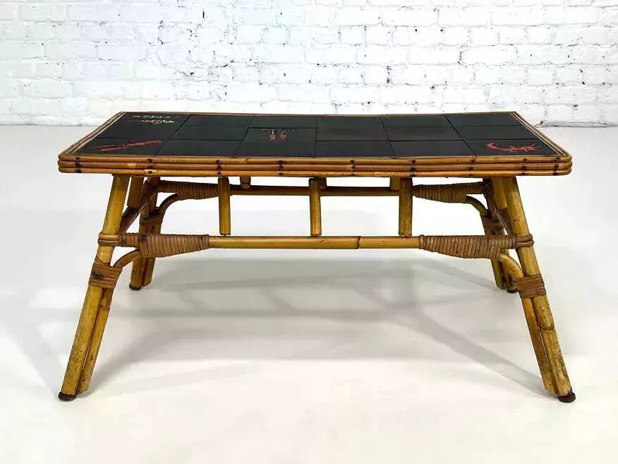 50s/60s Rattan And Ceramic Coffee Table -photo-6