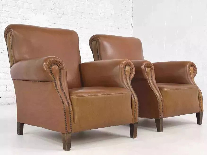 Pair Of 50s Club Armchairs In Faux Leather And Wood-photo-2