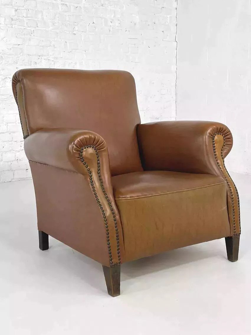 Pair Of 50s Club Armchairs In Faux Leather And Wood-photo-5