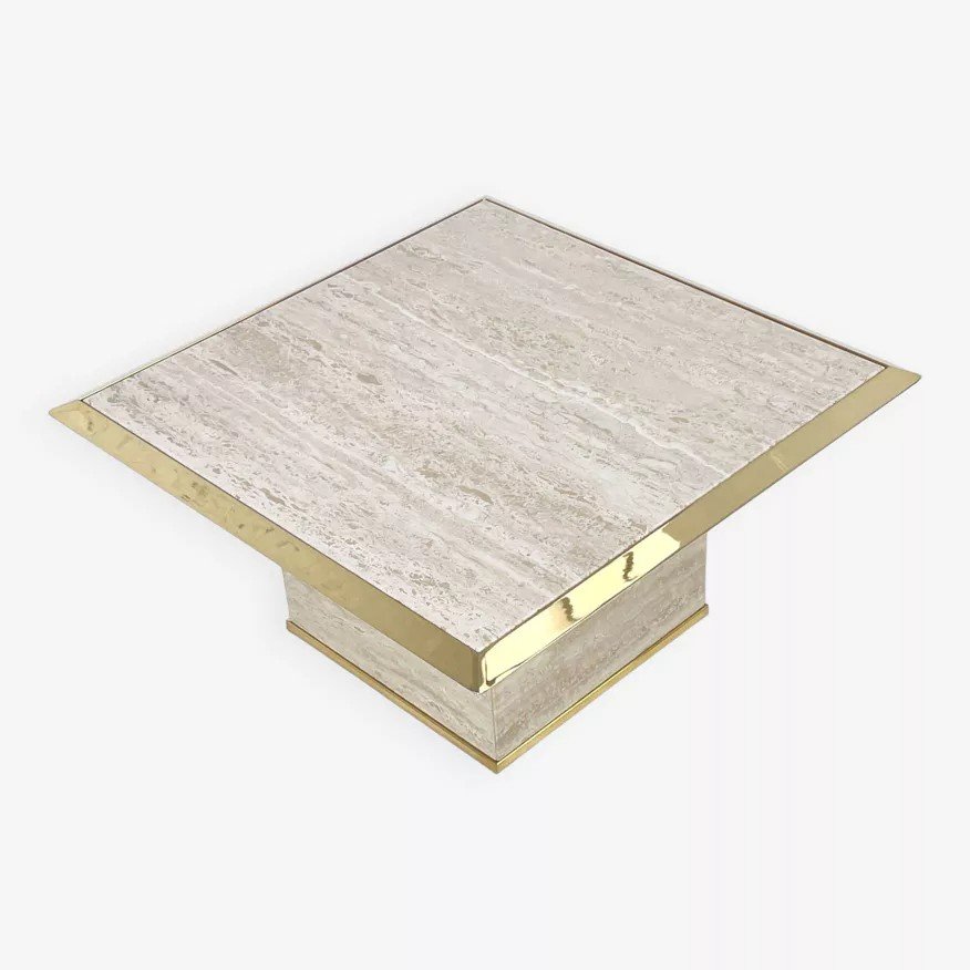 70s Square Coffee Table In Travertine And Brass-photo-2