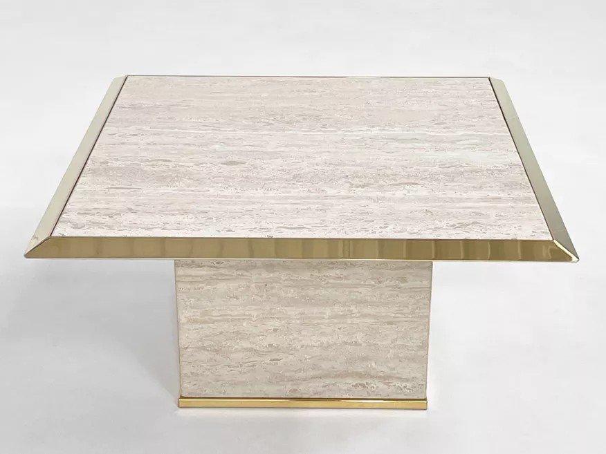 70s Square Coffee Table In Travertine And Brass-photo-3