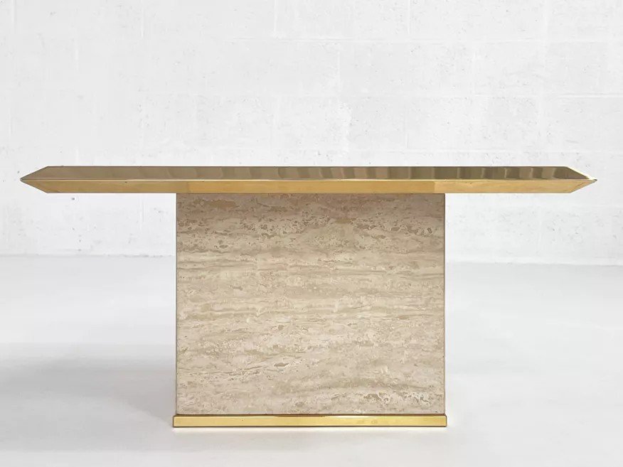 70s Square Coffee Table In Travertine And Brass-photo-4