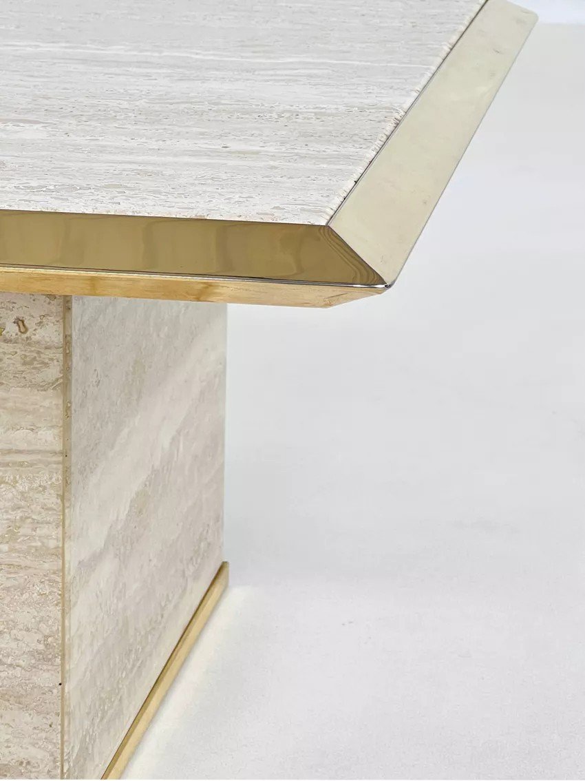 70s Square Coffee Table In Travertine And Brass-photo-1