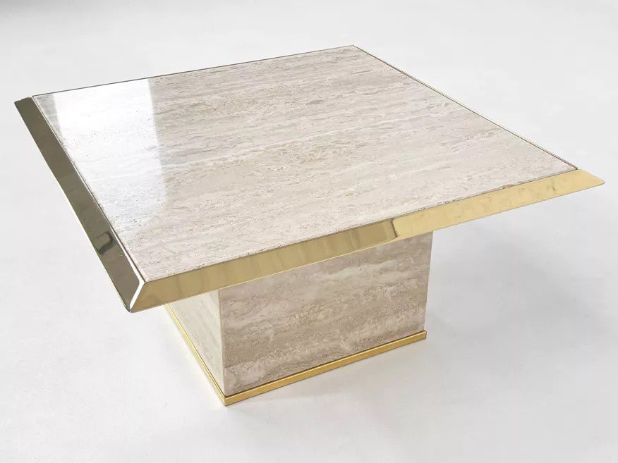 70s Square Coffee Table In Travertine And Brass-photo-3